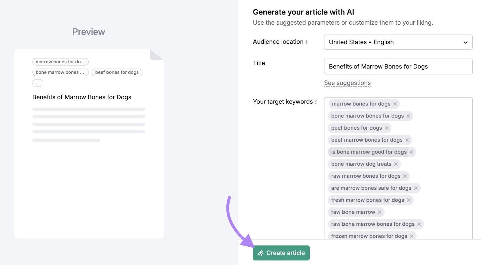 "Generate your article with AI" window on the Content Toolkit with "Create article" clicked.