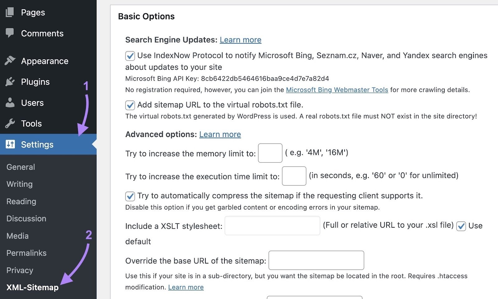 XML-Sitemap Generator for Google selected from the "Settings" dropdown on WordPress.