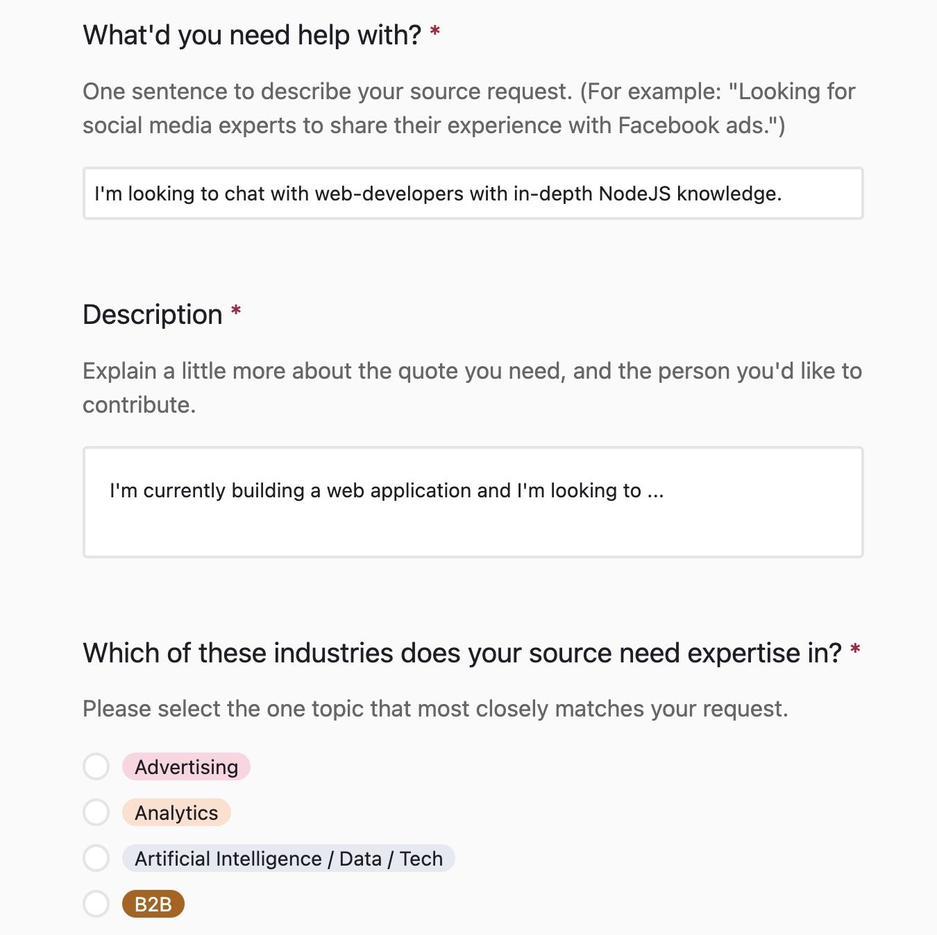 The page to request insights from subject matter experts on Help a B2B Writer.