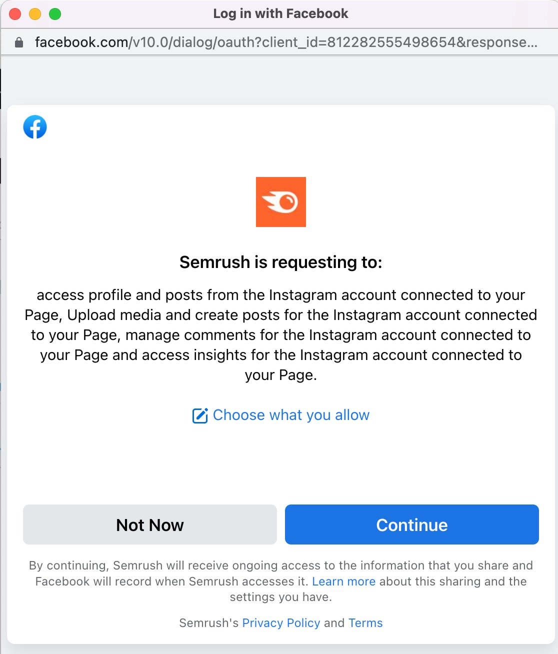 An example of the access request from Semrush. All requested permissions are listed, and an option to modify this list is provided below the text.