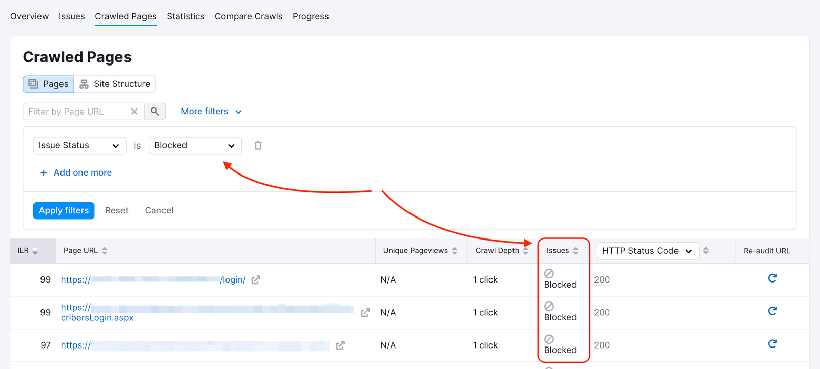 How to check if our crawler was blocked on some pages in the Crawled pages report.