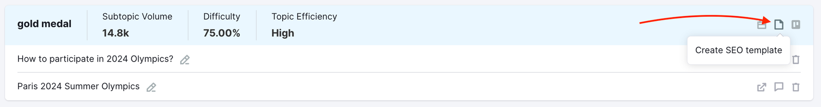 A red arrow highlights the create SEO template button.