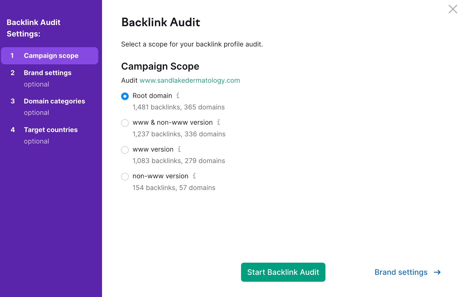 Backlink Audit configuration wizard displaying the first step for setting the campaign scope.