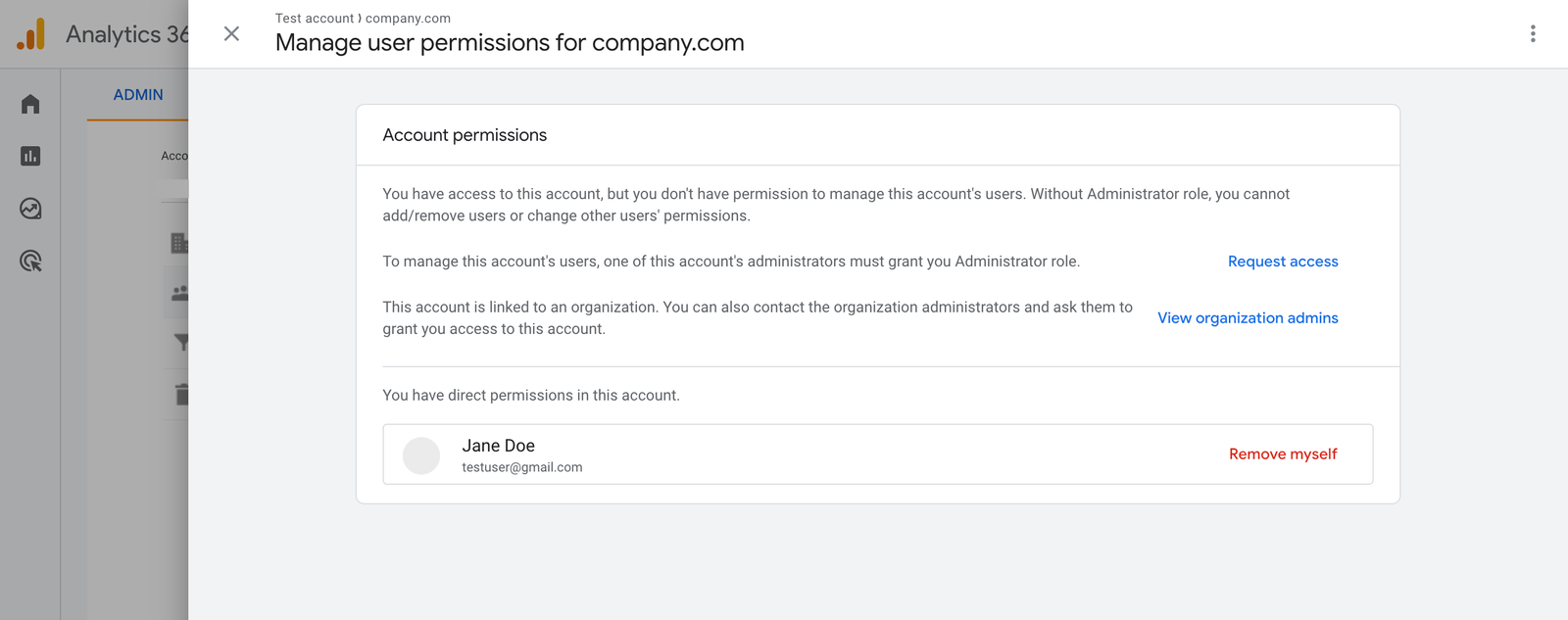 An example of a window with user permissions for a GA4 account. An explanation of how account permissions work is provided, and below it you can find your account with a permission level assigned to it.