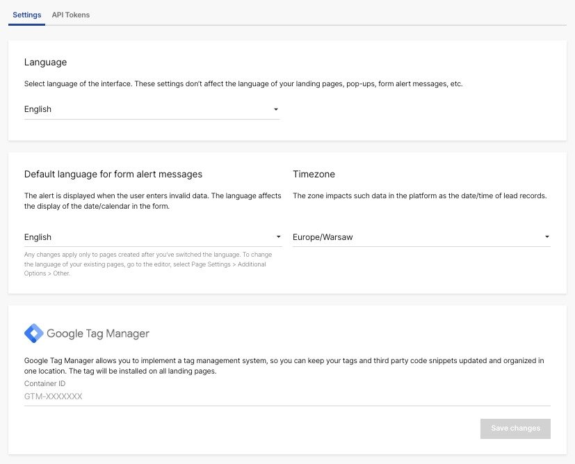 The App Settings dashboard, showing default language, time zone, and Google Tag Manager options.