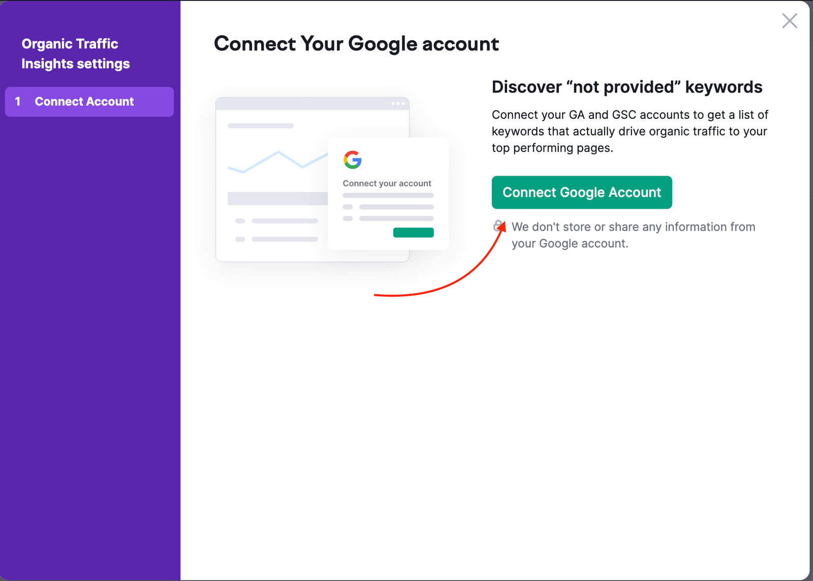 Connect Account section in the Organic Traffic Insights set up wizard with a red arrow pointing to the Connect Google Account button.