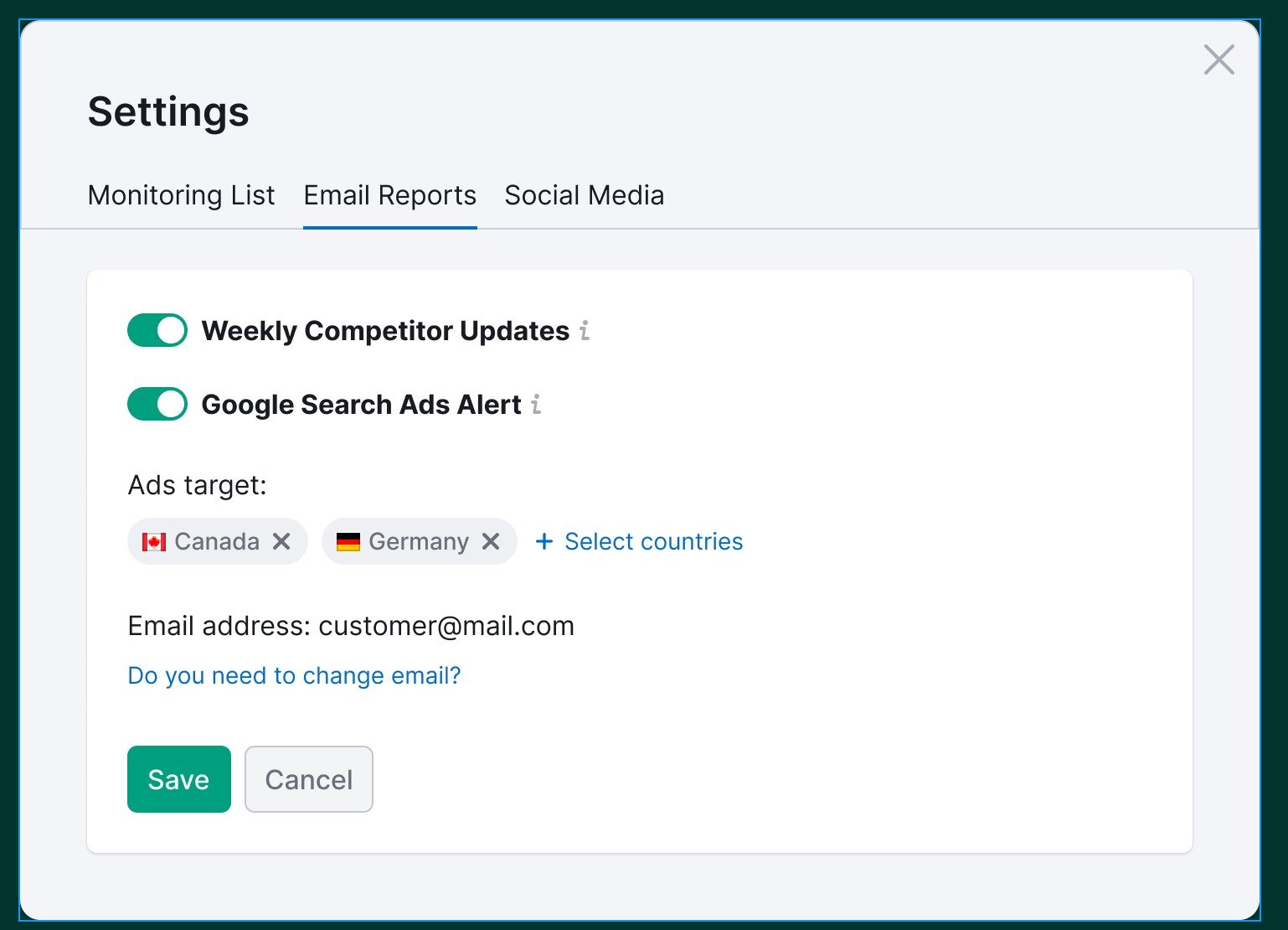 The settings window. Inside the Email Reports tab. The Weekly Competitor Updates and Google Search Ads Alerts toggles are on. The select target countries are Canada and Germany.