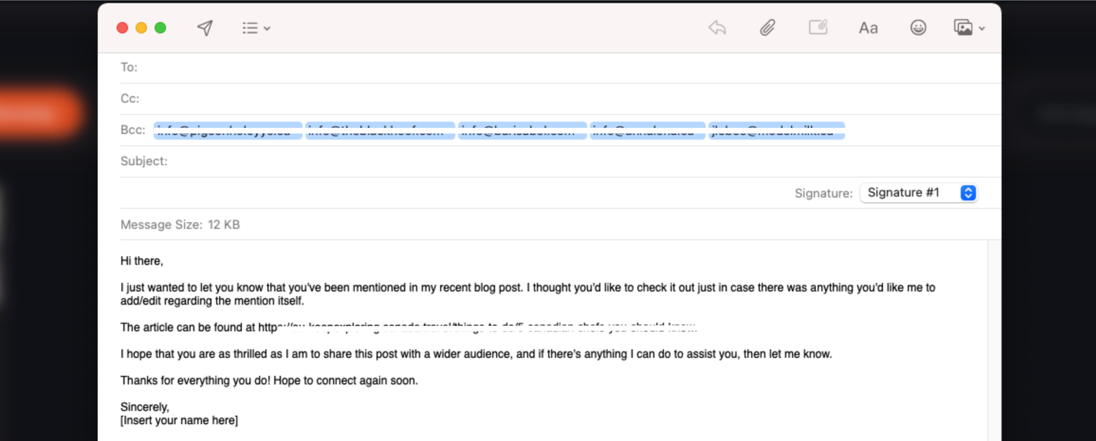 The Mentioned - Outreach Wizard app automatically creates an email draft with your selected contacts blind carbon copied.