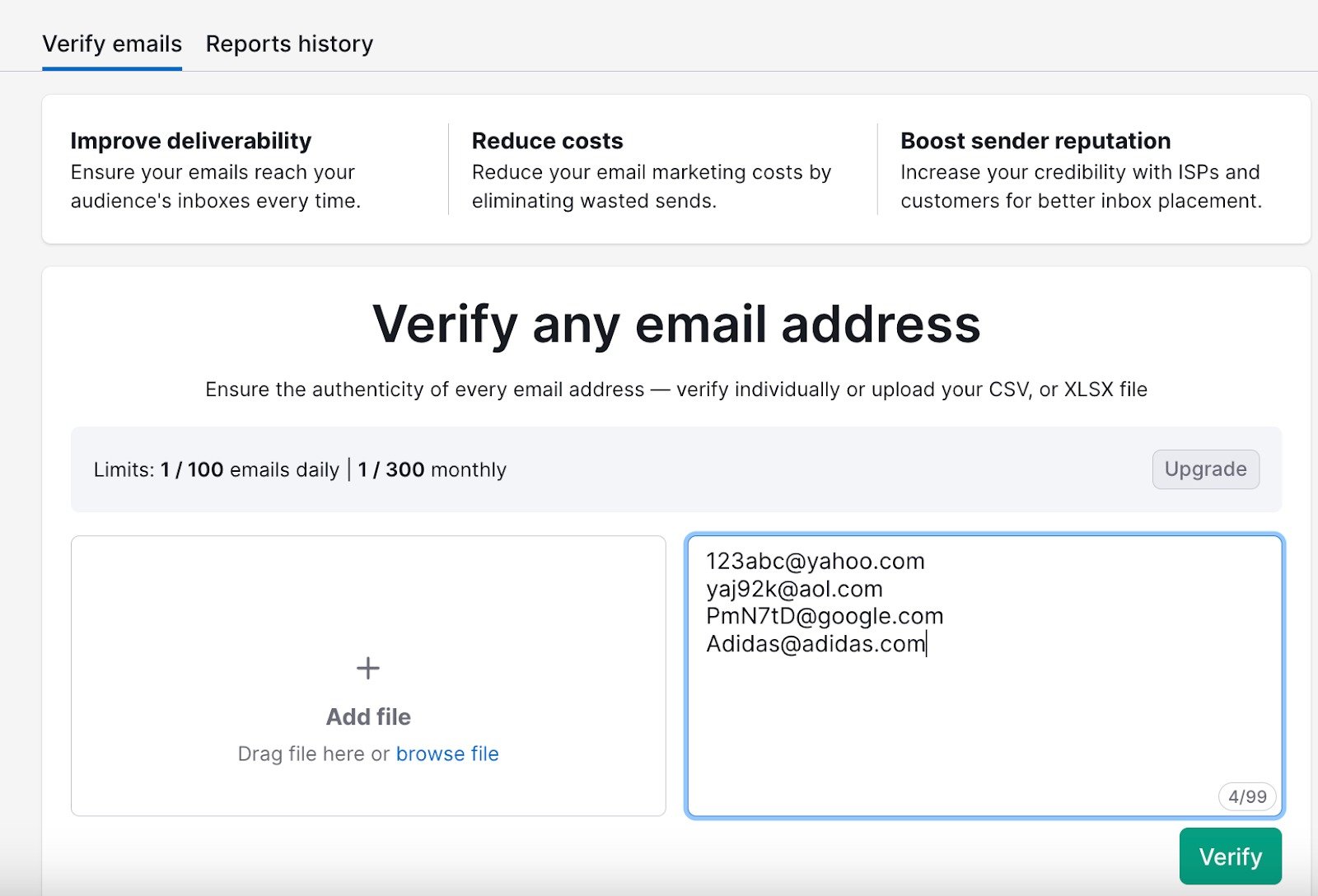 The app has users enter individual email addresses on the right, one per line.