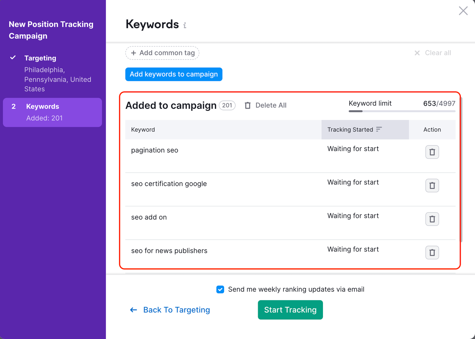 Position Tracking configuration window &ndash; Keywords. A red rectangle is highlighting the Added to campaign section. 