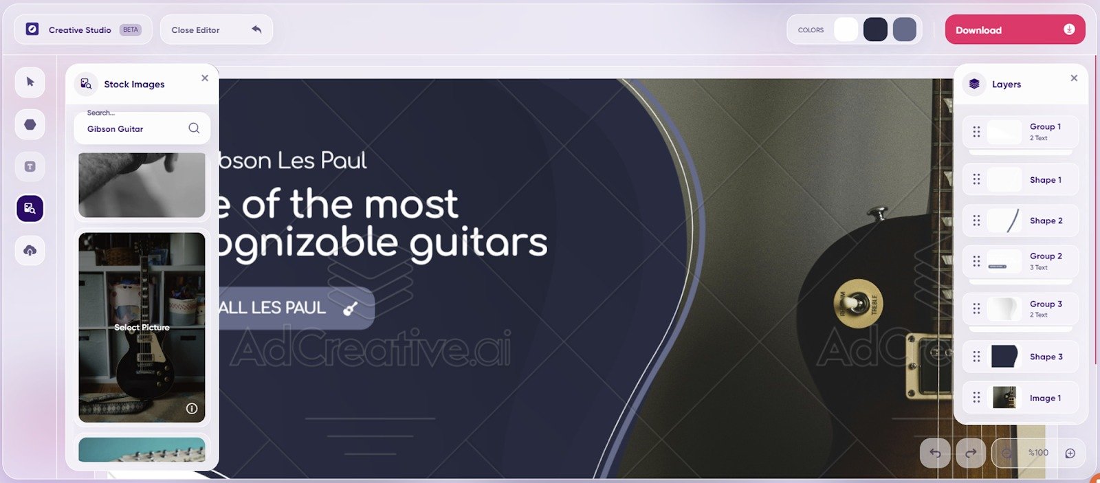 Browsing stock images in AdCreative.ai&rsquo;s Creative Studio Editor.