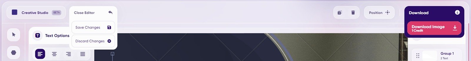 Closing the editor or downloading assets from in AdCreative.ai&rsquo;s Creative Studio Editor.