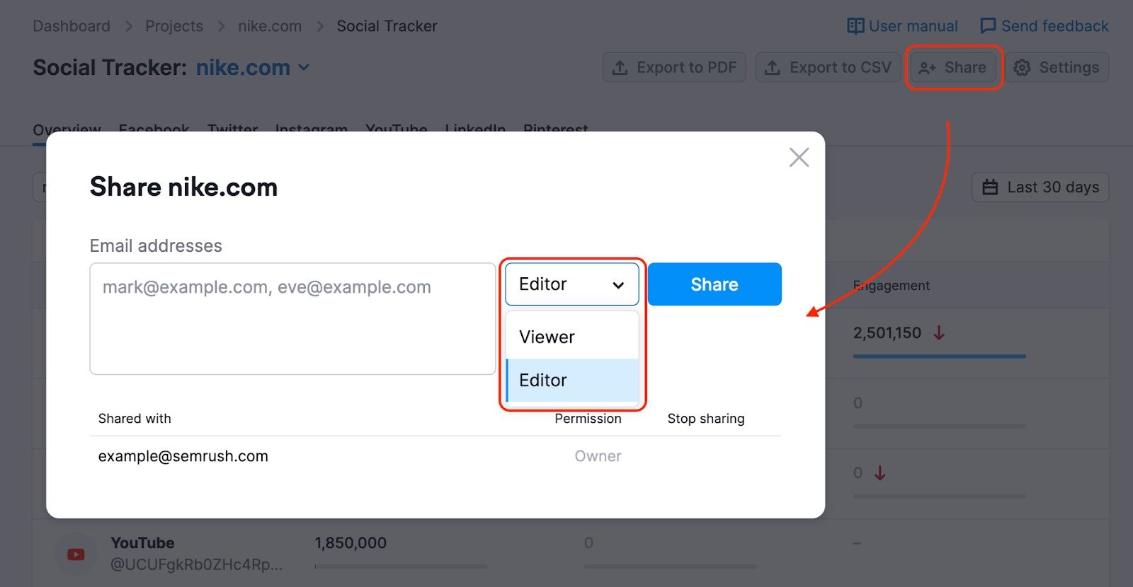 How to share a project from Social Tracker. A red rectangle is highlighting the Share button in the top-right corner, after clicking the button a pop-up window with sharing options appears.
