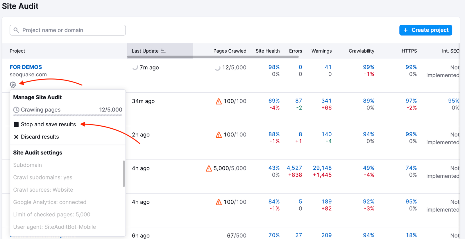 Managing Site Audit from the list of your campaigns
