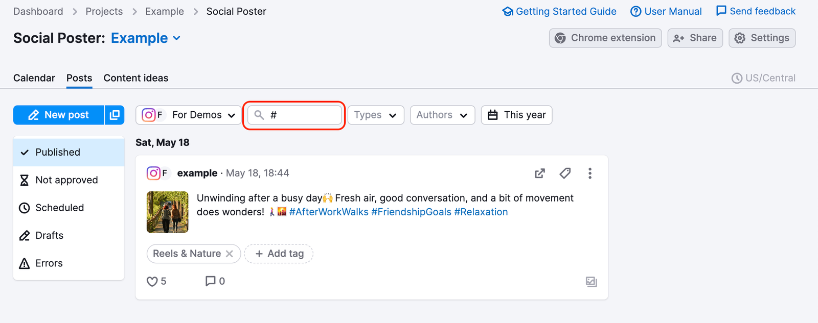 The search field with a # is highlighted in the Posts tab.