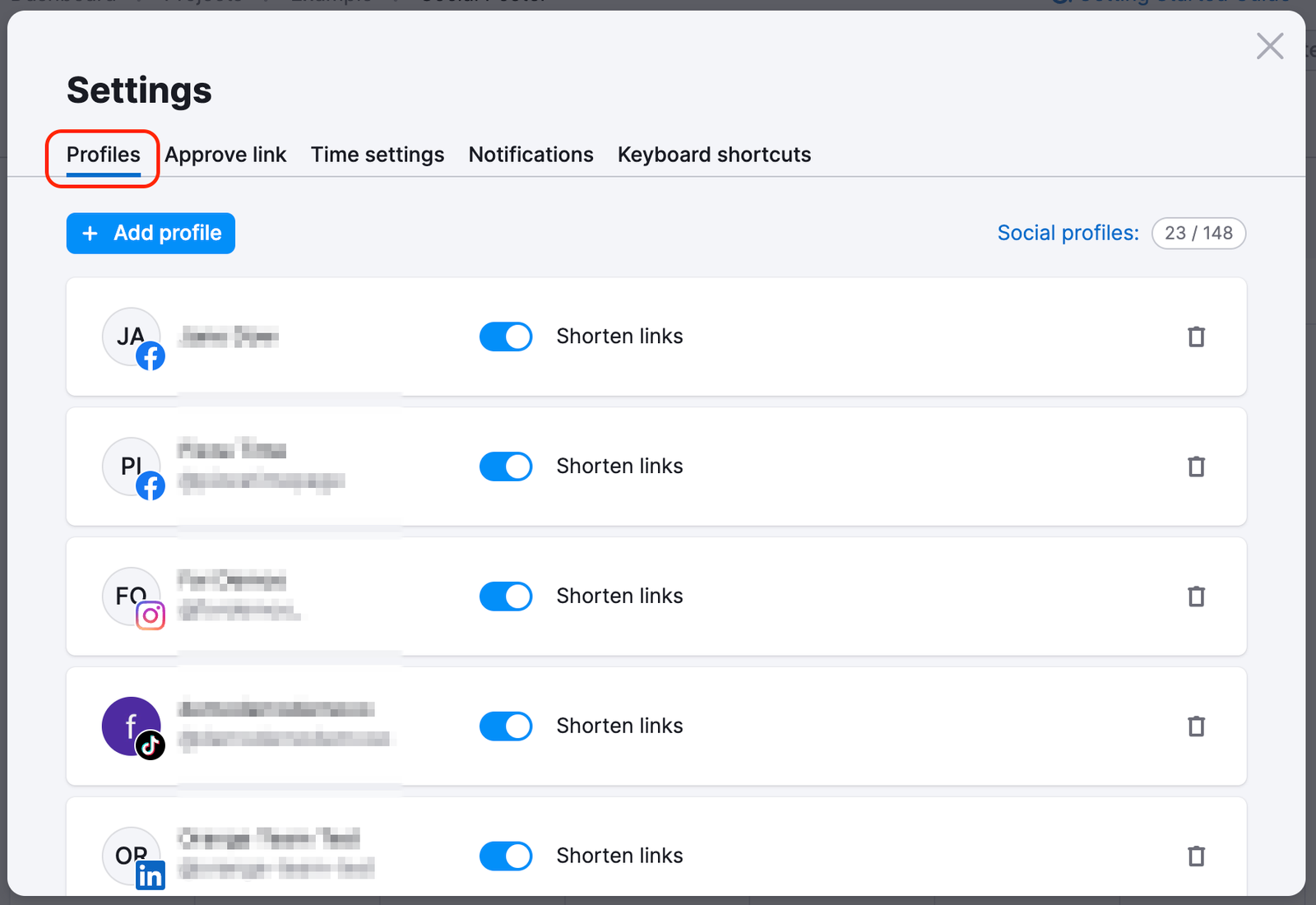 Settings pop-up window with the Profiles tab being highlighted.