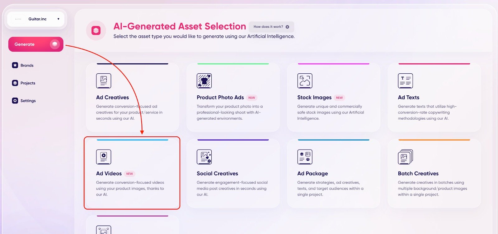 An example of the AI- Generated Asset Selection menu with the Ad Videos option highlighted with red.