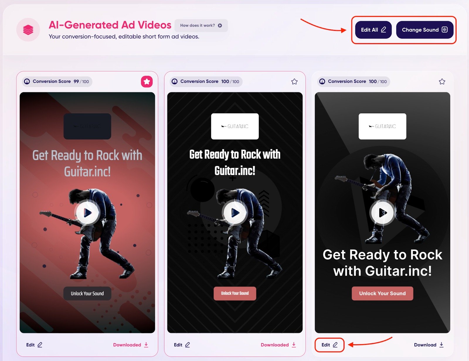 An example of the &lsquo;AI-Generated Ad Videos&rsquo; section with &lsquo;Edit All,&rsquo;  &lsquo;Change Sound,&rsquo; and 'Edit' buttons highlighted with red.