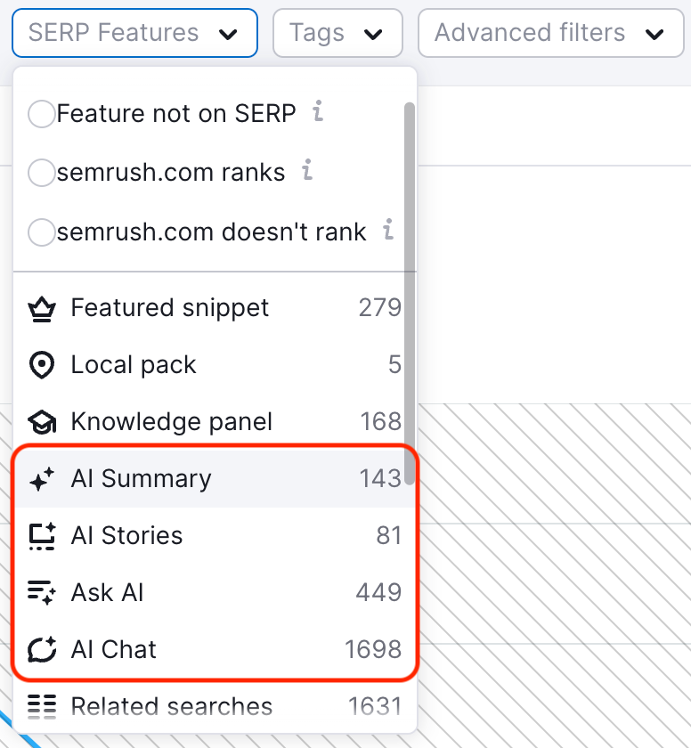 The SERP features filter drop-down with the following features highlighted: AI summary, AI Stories, Ask AI, and AI Chat. 