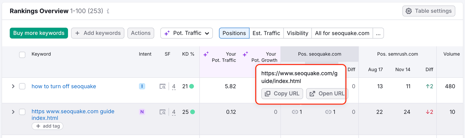 Rankings Overview table with a hovered position displaying a tooltip that reveals the full URL.