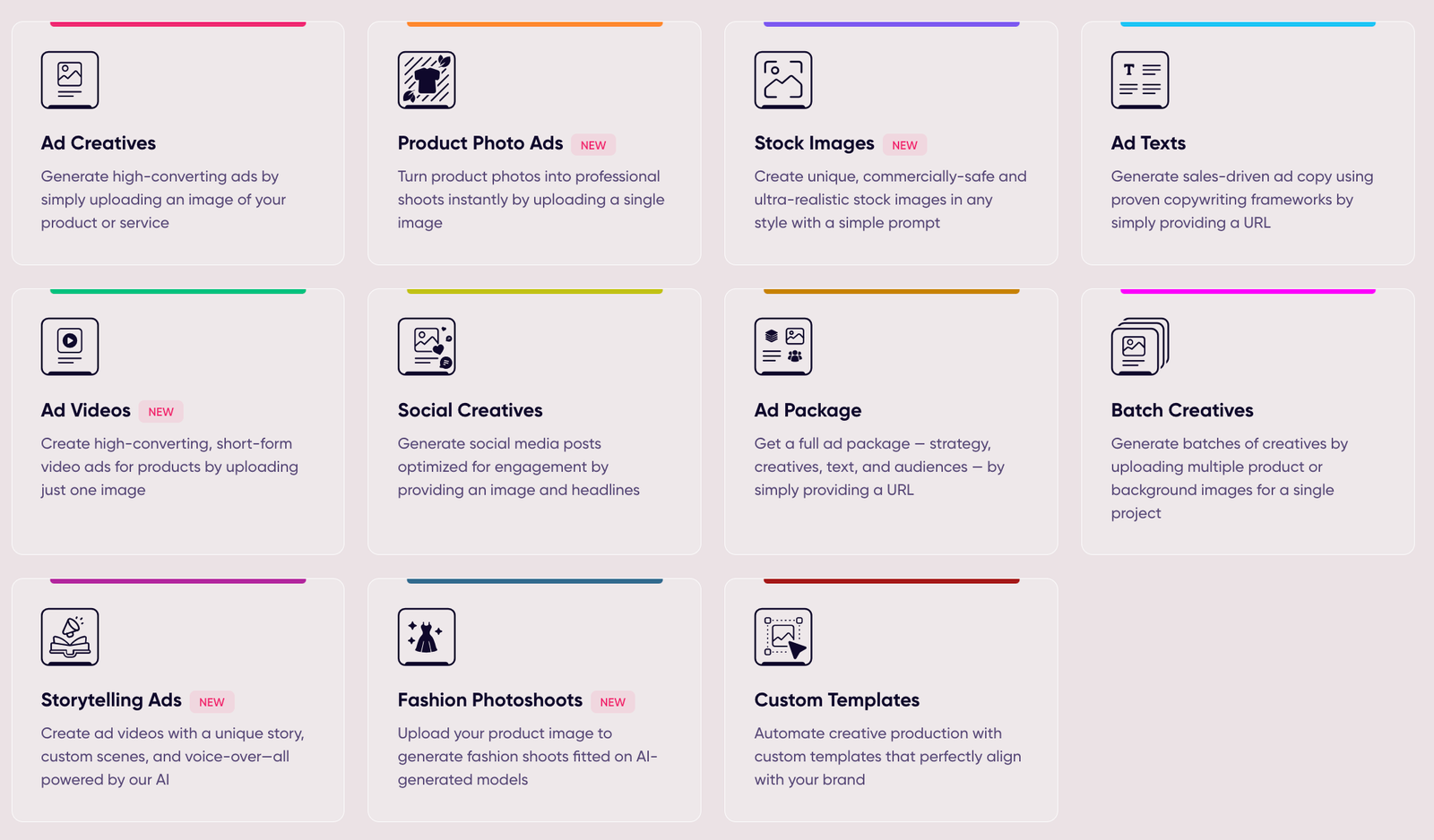 Choosing which creative to generate in the AdCreative.ai app.