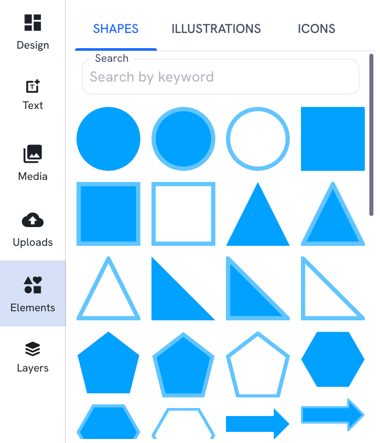 The Shapes tab, showing blue graphics in various geometric shapes.