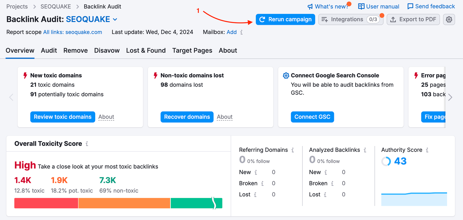 A red arrow is pointing to the Rerun campaign button at the top-right in Backlink Audit.