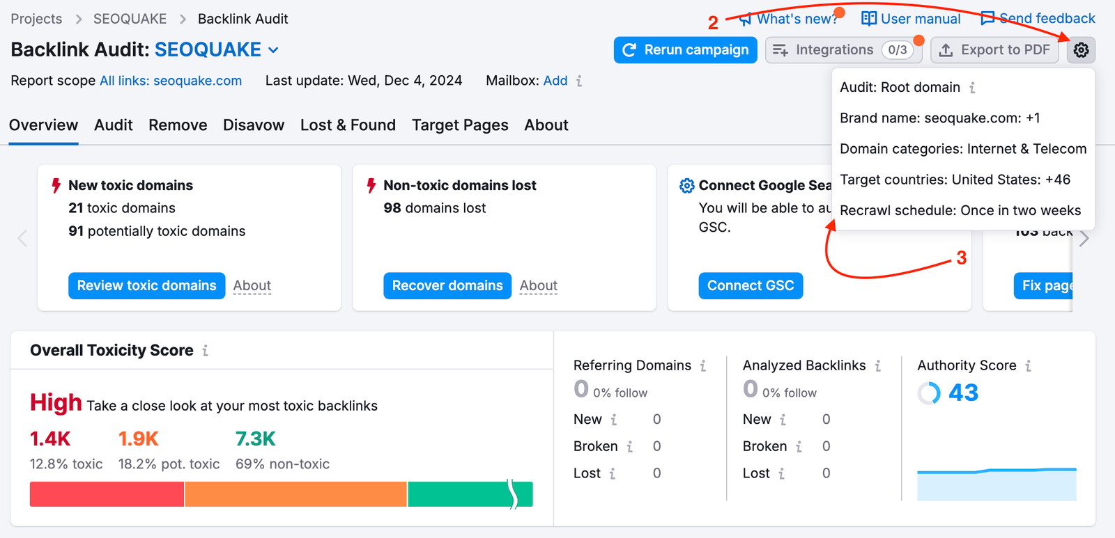 Red arrows are pointing to the settings button at the top-right and at the Recrawl schedule setting in the drop-down.