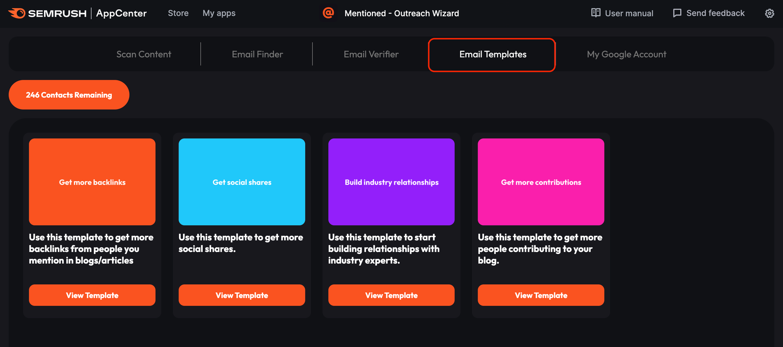 There are four email templates in the Mentioned - Outreach Wizard app to help you craft unique outreach messages.