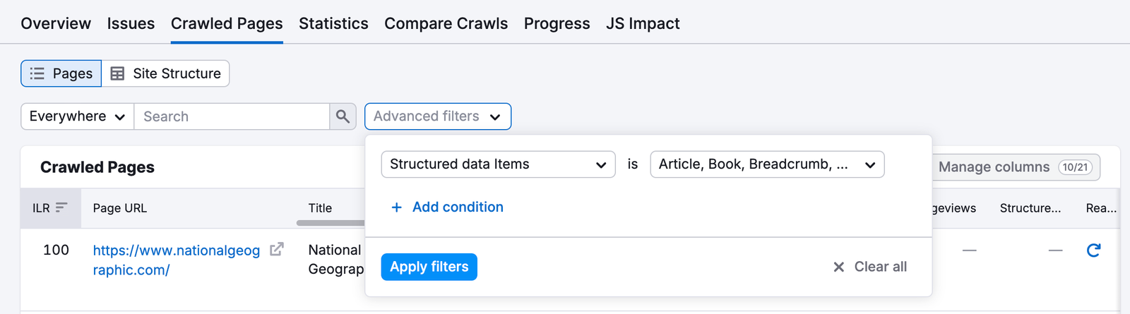The Crawled pages report with the Structured data items selected in the Advanced filters drop-down.