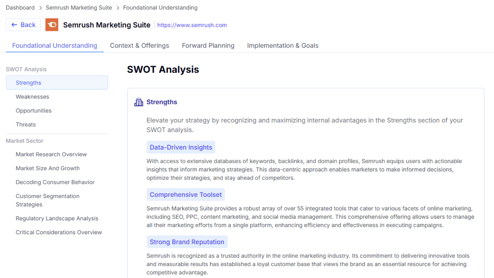The &lsquo;SWOT Analysis&rsquo; section of the &lsquo;Foundational Understanding&rsquo; tab in AI Strategic Market Insights.