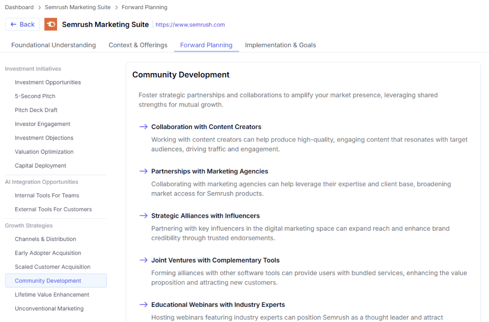 The &lsquo;Growth Strategies&rsquo; section of the &lsquo;Forward Planning&rsquo; tab in AI Strategic Market Insights.