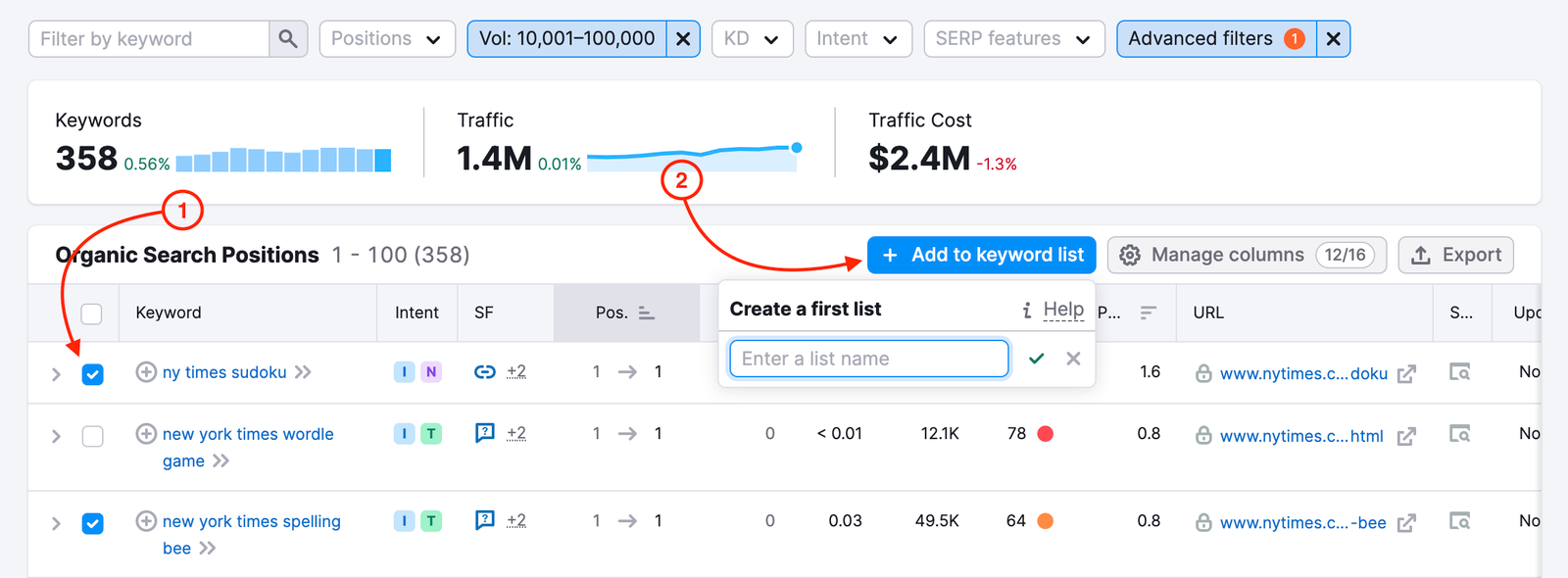 Organic Rankings tool. The first red arrow points to the selected checkbox to the left of the keyword. The second red arrow point to the "add to keyword list" button at the top of the keyword table.