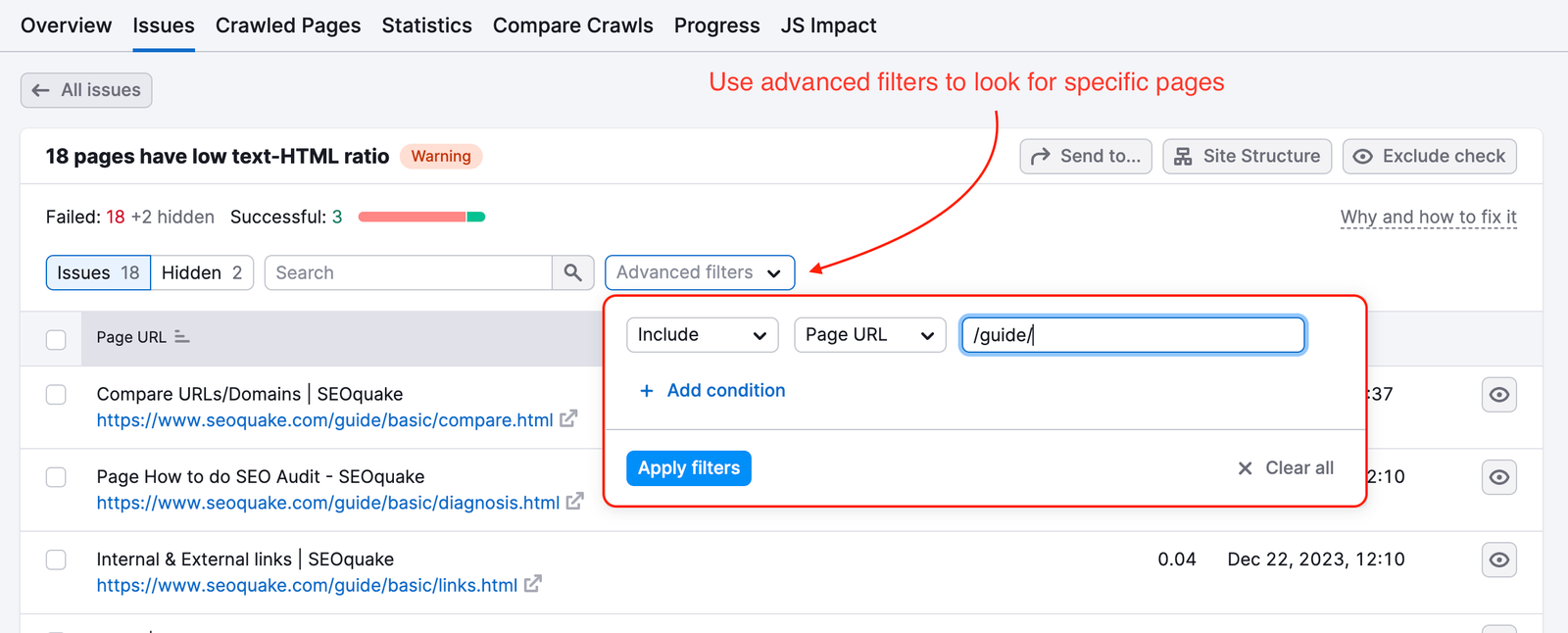 An arrow points to the Advanced Filters button. The open Advanced Filters window displays filtering options, such as including a specific URL.