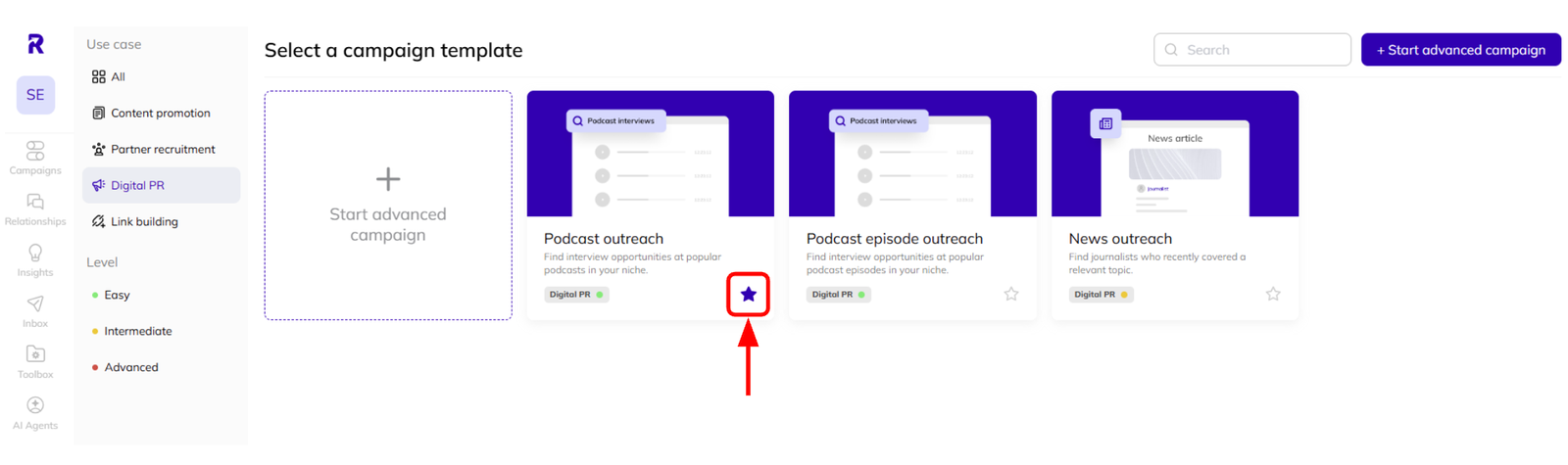 How to ‘star’ a template in AI Backlink Builder.