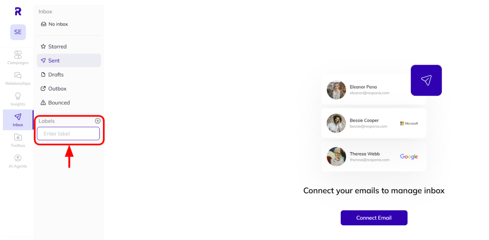 Your inbox screen in AI Backlink Builder, including how to add labels.