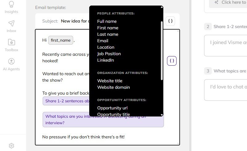 How to add attributes to your email template in AI Backlink Builder.