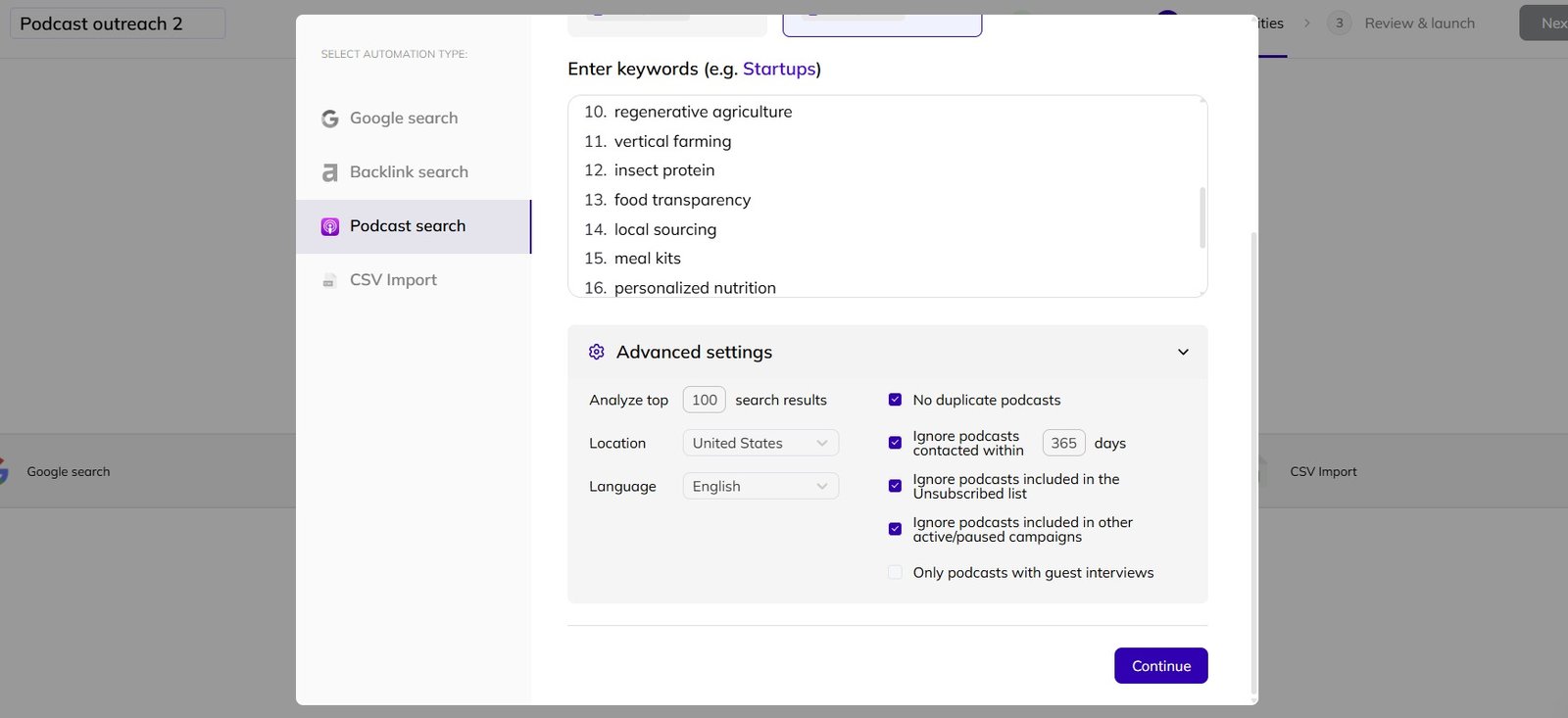 The advanced settings menu for keywords in AI Backlink Builder.