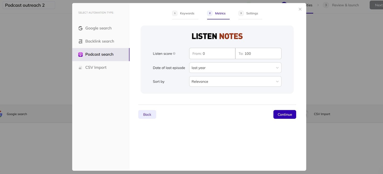 Configuring Listen Notes for podcast searches in AI Backlink Builder.