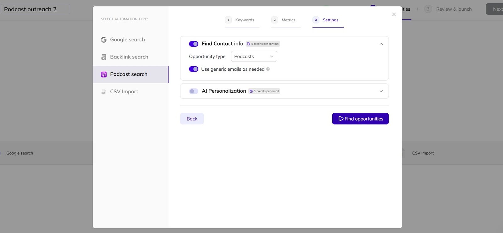 How to change the settings for a podcast search in AI Backlink Builder.