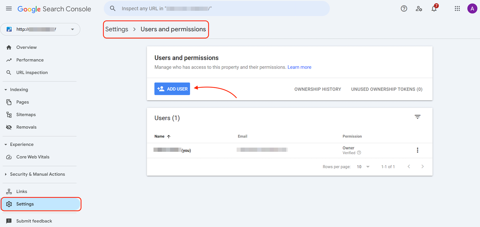 The Google Search Console users and permissions settings. 