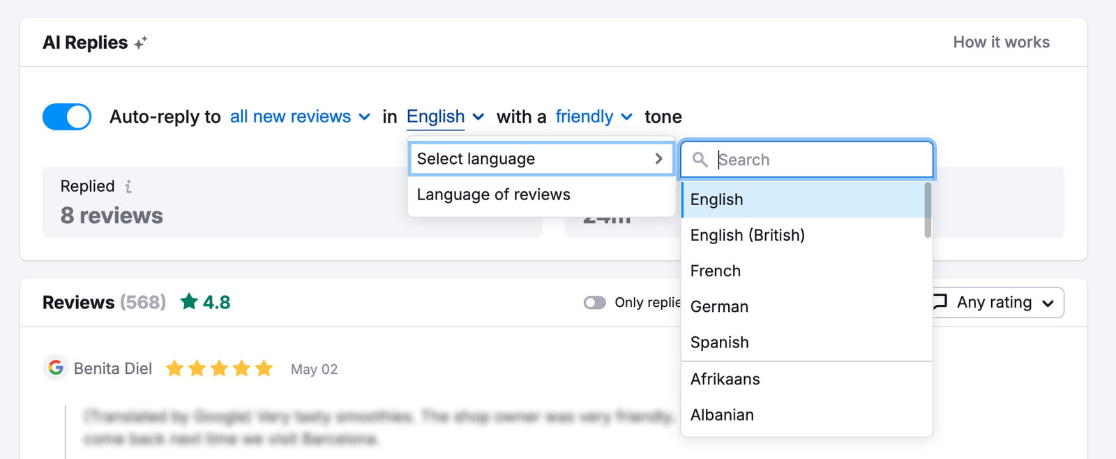 Drop-down menu for selecting the language used in AI responses.