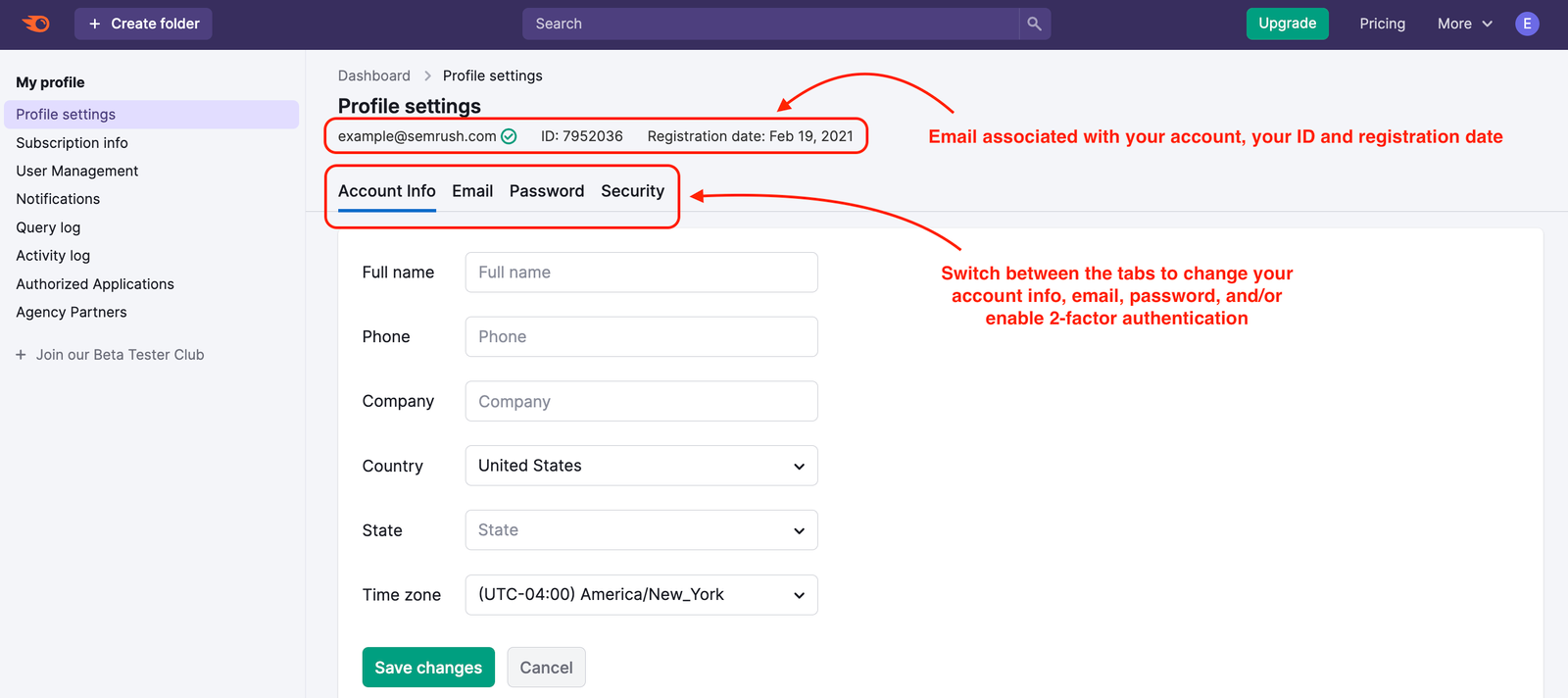 Profile Settings menu with a red rectangles highlighting the tabs, email, profile ID, and registration date.