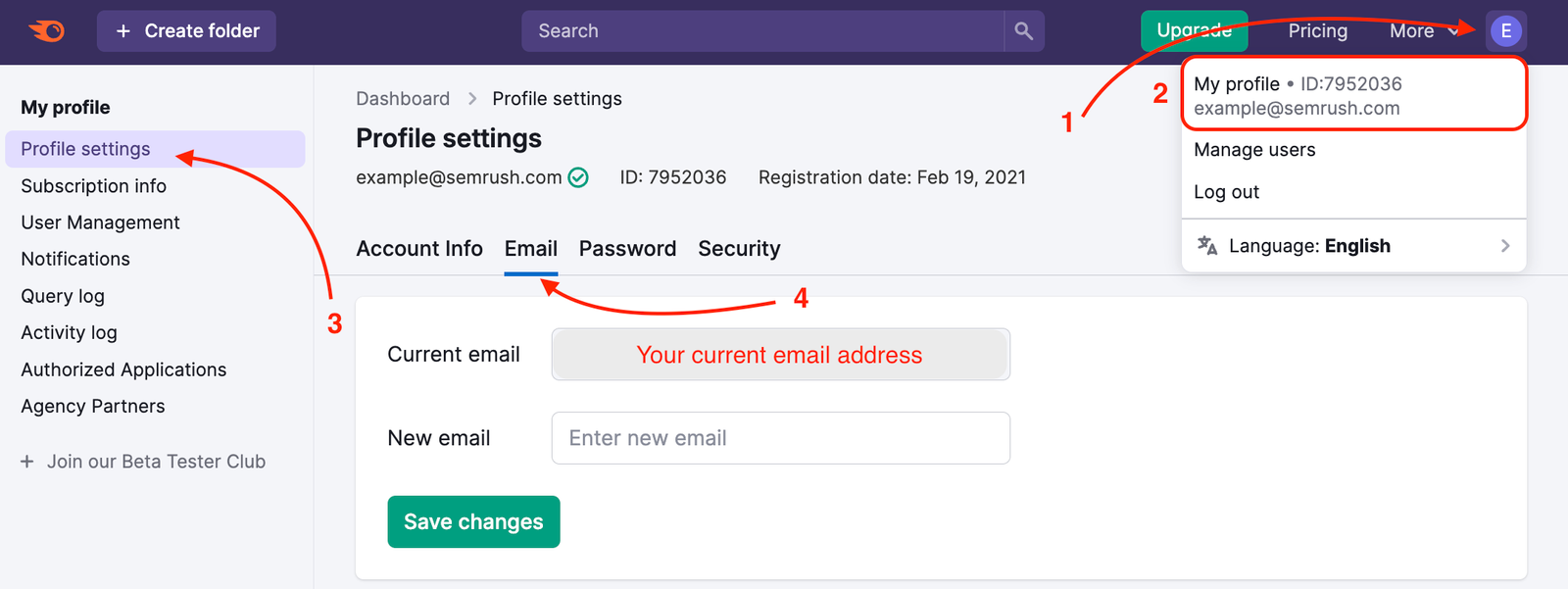 My profile menu shows how to change your email.