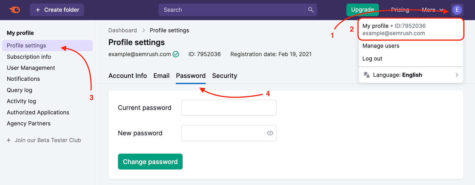 My Profile menu shows how to change your password.