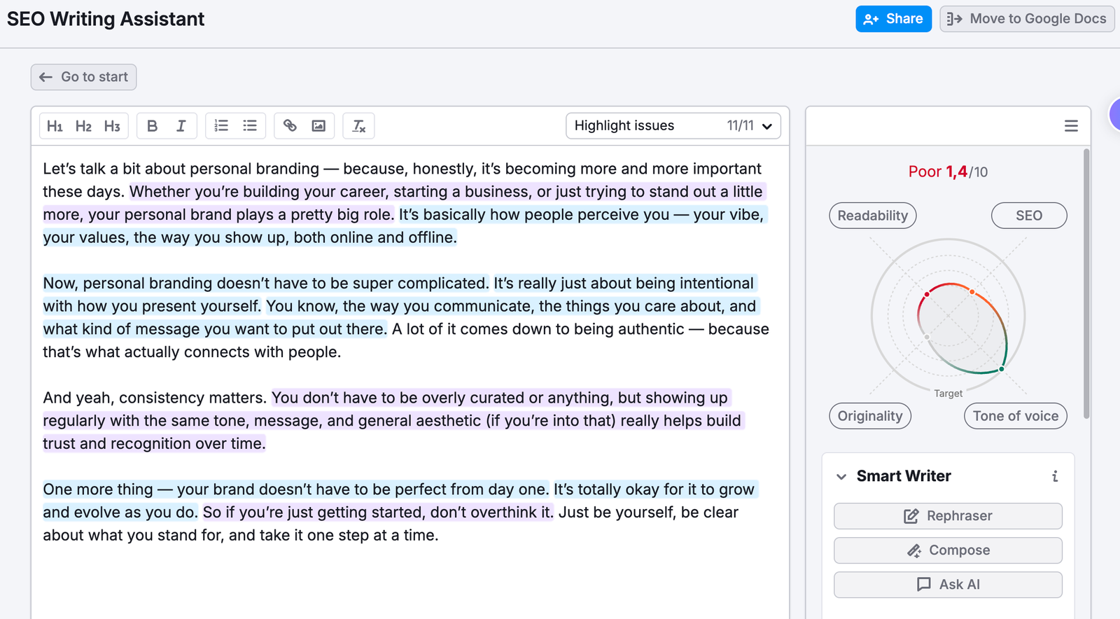 The SEO Writing Assistant interface with example text shows how the real-time content check works.