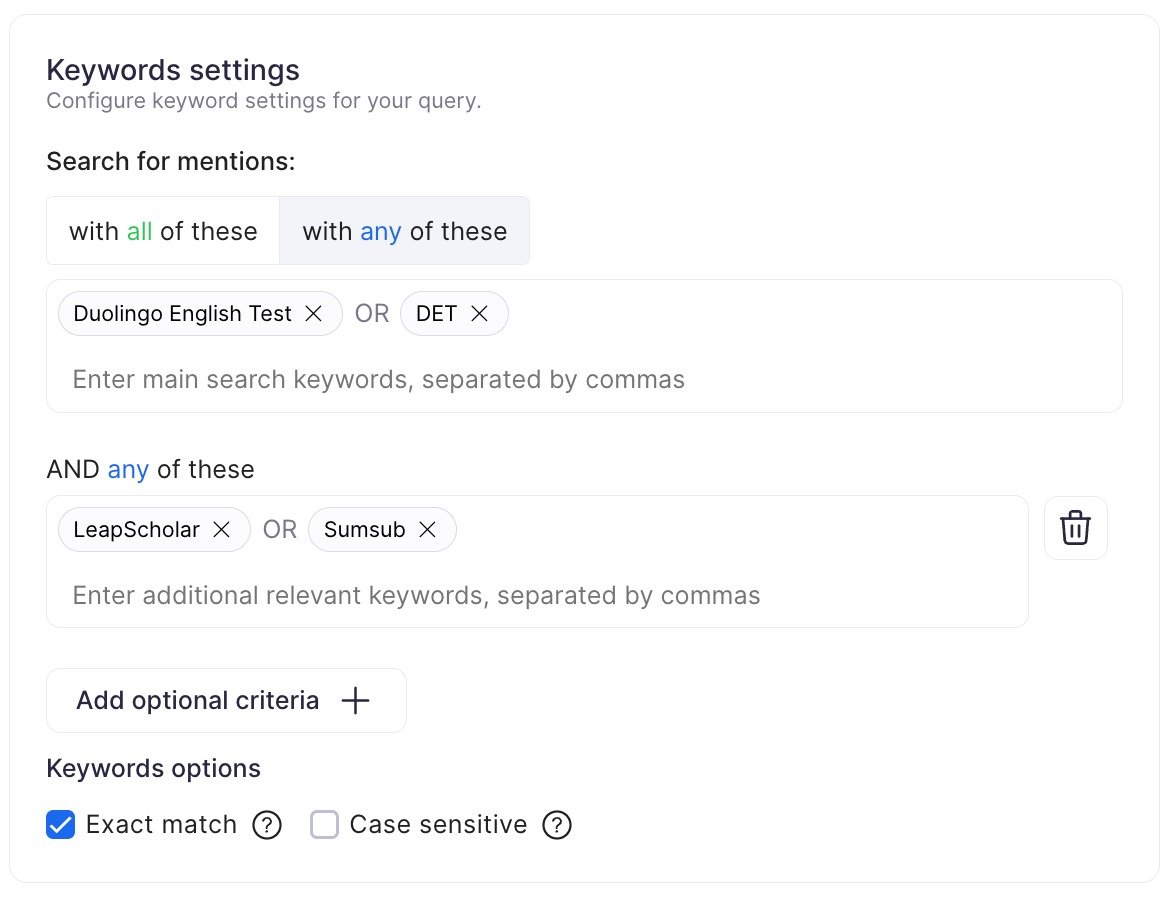 Keyword settings in Brand Monitoring with the With any of these logic operator selected, plus additional optional criteria for advanced search refinement.