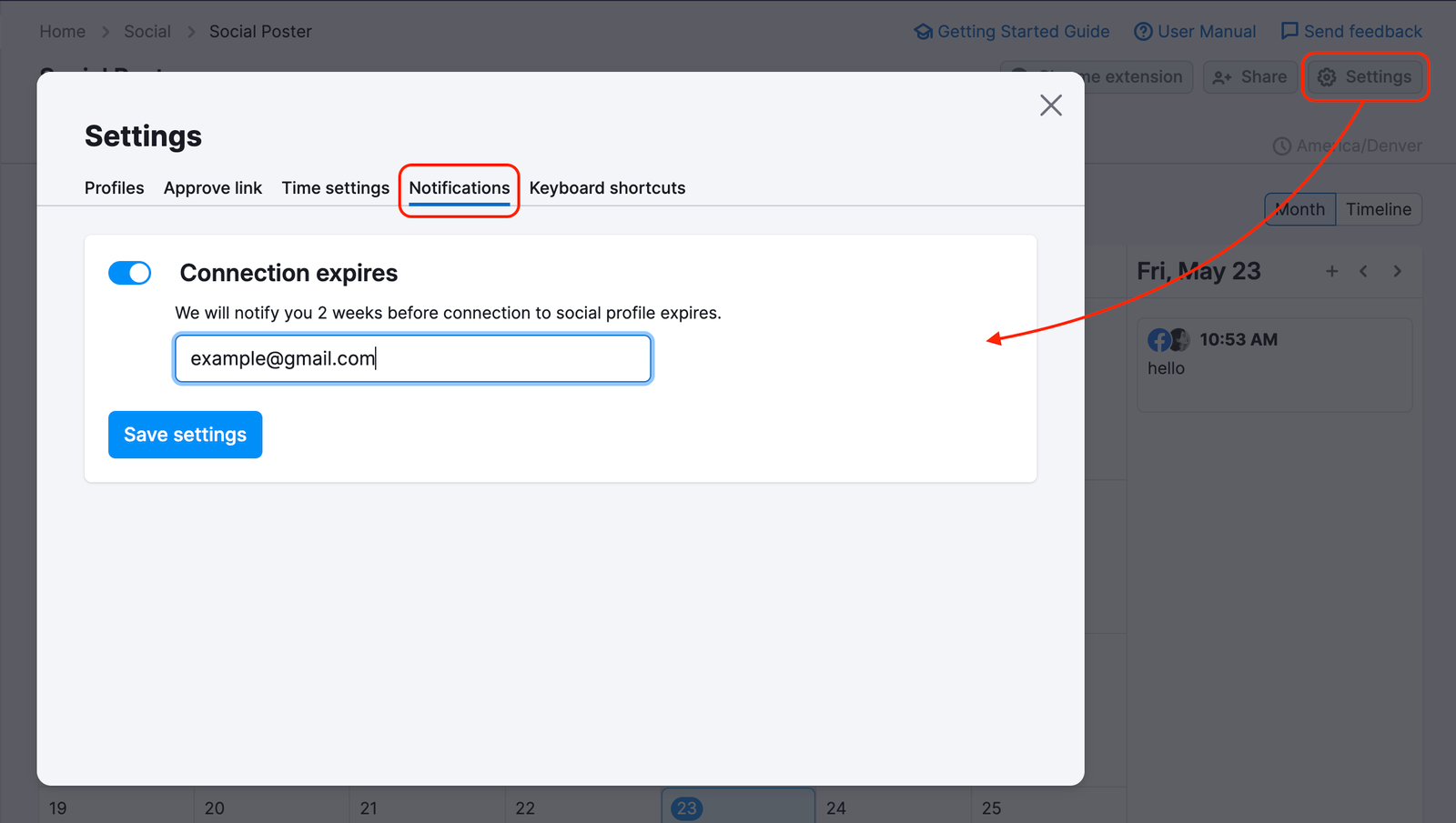 Social Poster settings: click the setting button in the top-right corner and add an email in the Notifications tab.