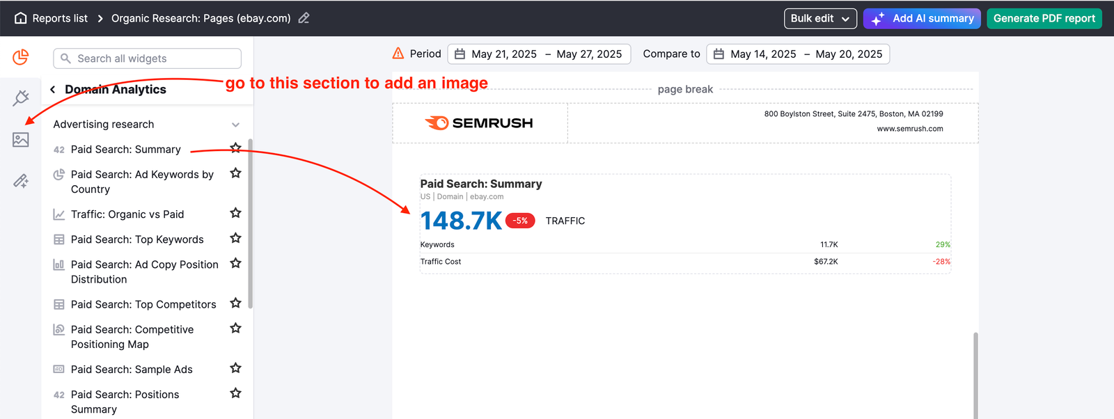 My Reports tool. Within the report builder, the first red arrow points to the paid search: summary widget within the report. The second red arrow points to the image widget in the left menu, this arrow is labelled: go to this section to add an image. 