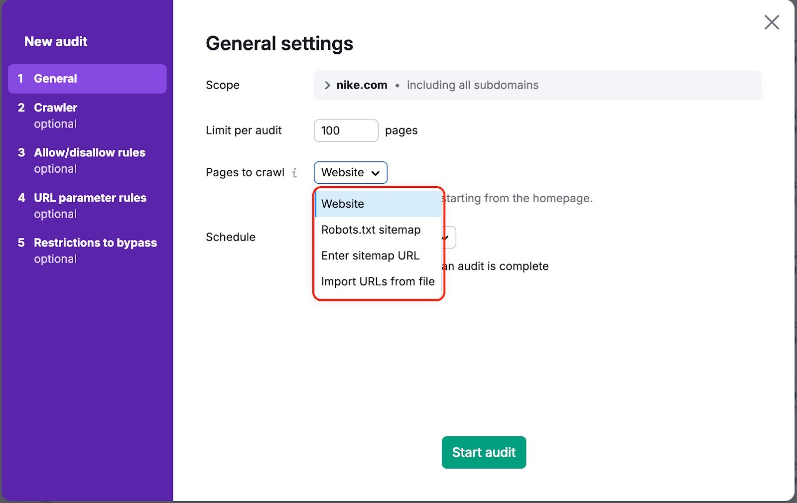 Pages to crawl options are highlighted in the Site Audit Settings window.